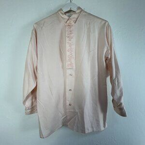 Kira Nevins 100% Silk Embroidered Button-Down Shirt Small Light Pink Long Sleeve